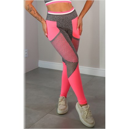 Calça legging bolso em tela mescla/rosa neon