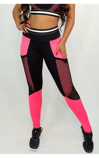 Calça legging bolso em tela preto/rosa neon