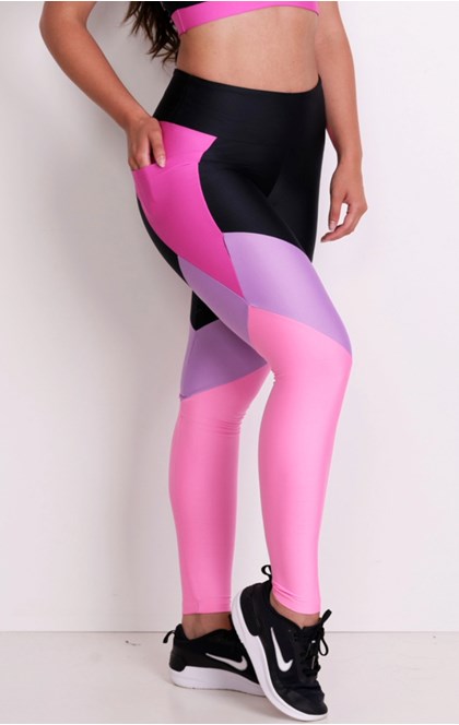 Calça legging fitness Jéssica cós alto recortes com bolso lateral -  pto/harm/pink/bliss