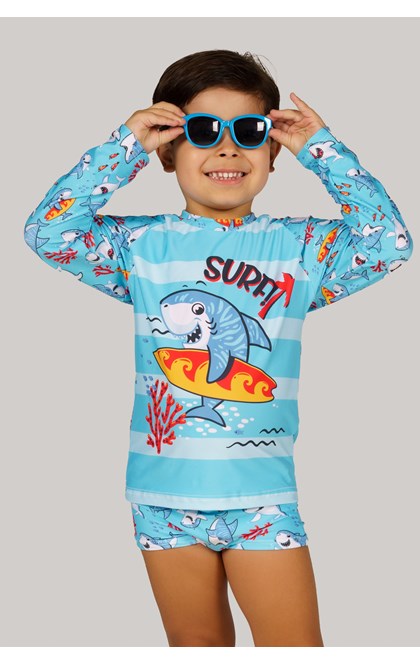 Conjunto praia infantil menino proteção uv surf shark