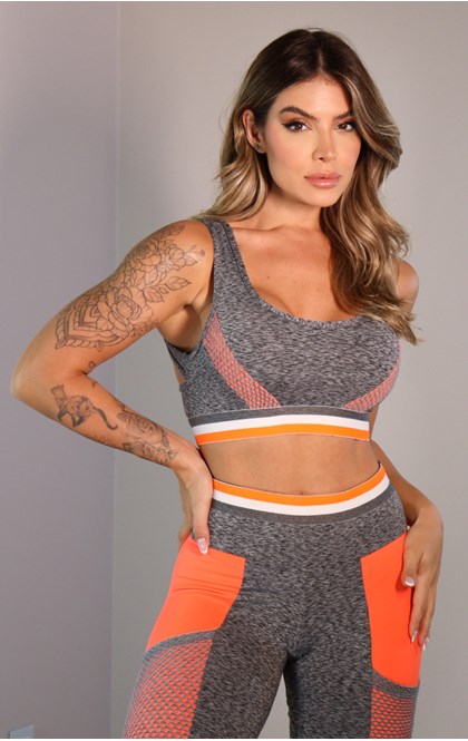 Top fitness detalhe em tela mescla/laranja neon
