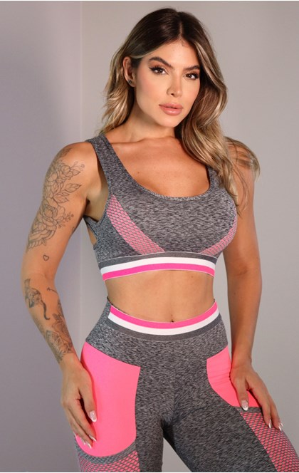 Top fitness detalhe em tela mescla/rosa neon